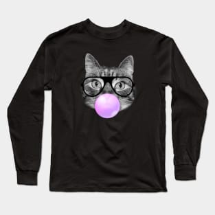 Cute fluffy hipster cat and a pink bubble gum Long Sleeve T-Shirt